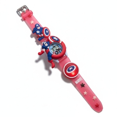 Picture of Marvel Captain America 3D Kids Digital Watch featuring Disco LED Flashing Lights and Built-in Music, Adjustable Pink Silicone Strap Superhero Character Wristwatch, Perfect Birthday Gift for Little Avengers Fans and Children.-Red