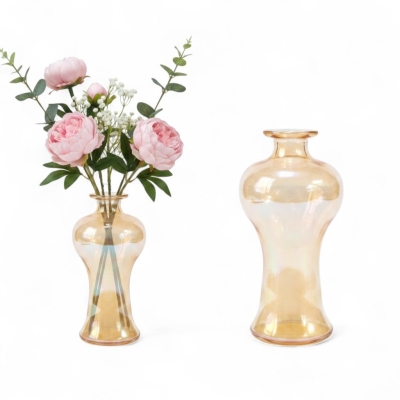 Picture of Modern Amber Iridescent Lustre Glass Vase for Home Decor Featuring a Stylish Curved Silhouette and Elegant Finish Perfect for Artificial Pink Peony Silk Flower Arrangements in Living Room or Office Tabletops.-Multicolor
