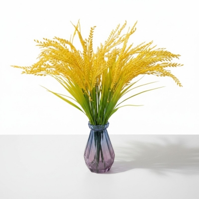 Picture of Artificial Golden Rice Ears and Wheat Stalks in Decorative Glass Vase for Rustic Home and Wedding Decor-Yellow