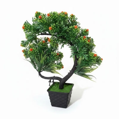 Picture of Artificial Pine Bonsai Tree in Woven Pot with Vibrant Orange Berries for Home Office Desktop and Shelf Decoration-Multicolor