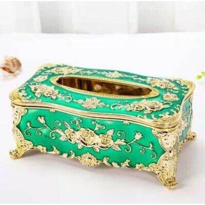 Picture of Tissue Cover Holder,Creative Embossed Roses and Rhinestones Rectangular Acrylic Tissue Box Cover Dispenser Napkin Organizer for Bathroom Bedroom Office and Car (Green-Gold)-Multicolor