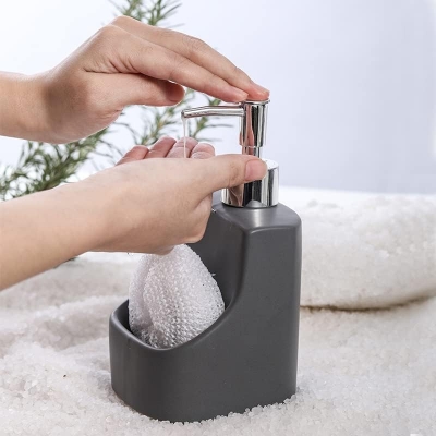 Picture of Dispenser Pump Ceramic Soap Dispenser Dual-Purpose with Sponge Holder Kitchen Soap Dispensers Versatile Lotion Dispensers 390 Ml/13.1OZ Lotion Dispenser (Color : Gray)-Grey