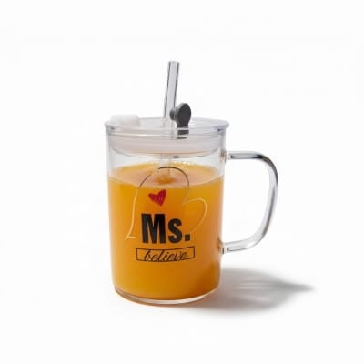 Picture of Premium Heat Resistant Borosilicate Square Glass Mug with Handle, Leakproof Lid, and Reusable Glass Straw – 400ml Stylish Printed Sipper Tumbler for Iced Coffee, Milk, Fresh Juice, and Daily Water Hydration Uses-Multicolor
