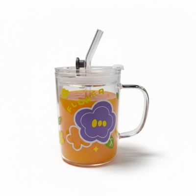 Picture of Floral Design Premium Glass Jar Mug with Handle, Airtight Leak-Proof Lid, and Reusable Straw for Coffee, Milkshakes, Juice, or Water; Elegant Heat-Resistant Borosilicate Drinkware Container Perfect for StylishDecor and Gift.-Multicolor