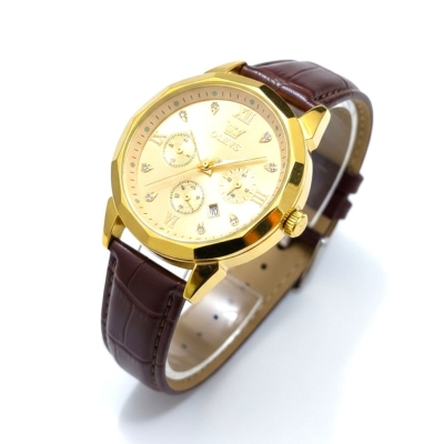Picture of New Men’s Business Watch Gold Case Black Face Design Brown Leather Strap Quartz Analog Movement Water Resistant Construction Three Decorative Dials Calendar Display Premium Quality Men’s Fashion Accessory for Unique Style.-Multicolor