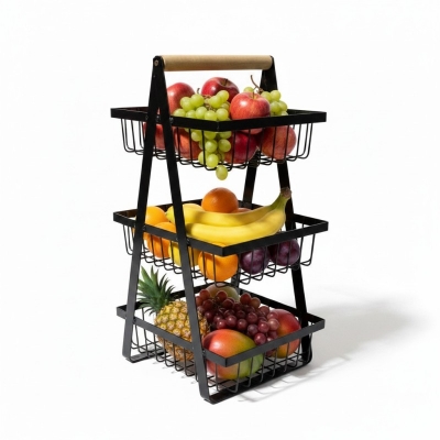 Picture of 3-Tier Black Metal Fruit Basket for Kitchen Countertop Storage with Portable Wooden Handle Sturdy Tiered Vegetable Rack Organizer Stand for Modern Home Pantry Bread Snacks and Fresh Produce Display Solution Black.-Black