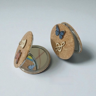 Picture of 1pcs Cork Pocket Mirror - Elegant Vegan Compact for Women - Portuguese Tile Design, Perfect Gift for Her, Ecofriendly-Multicolor