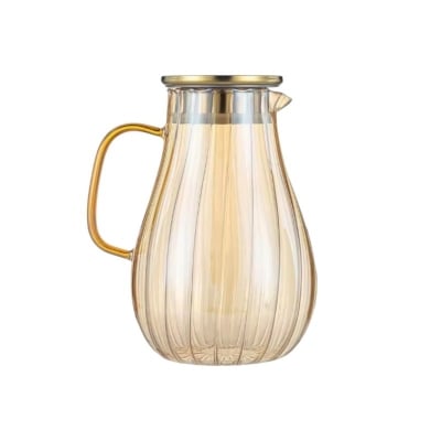 Picture of 1.8L Borosilicate Glass Carafe with Lid and Handle, Elegant Amber Striped Design, Heat-Resistant Water Jug for DIY Drinks, Juice, Tea, Milk, Refrigerator Safe, Easy-Clean Wide Mouth Pitcher-golden-golden