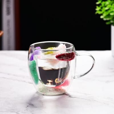 Picture of Double Wall Insulated Glass Coffee Mug with Colorful Feather Design & Handle, 350ml Heat Resistant Borosilicate Tea Cup for Hot & Cold Beverages-Multicolor