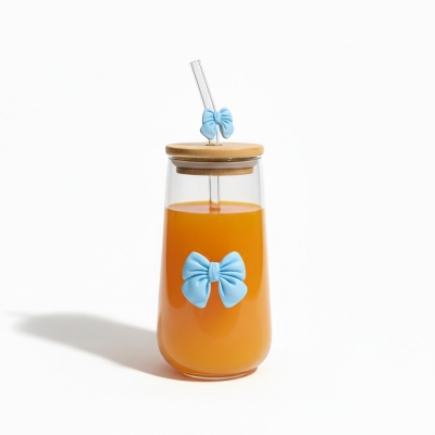 Picture of Multicolor Bow Glass Cup with Bamboo Lid and Glass Straw 500ml Aesthetic Pookie Tumbler Set for Iced Coffee Smoothie Juice Milk and Tea Perfect Gift for Girls and Stylish Home Decor Accessories.-Multicolor