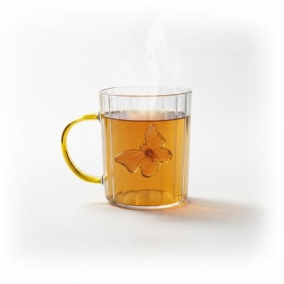 Picture of Premium High Borosilicate Glass Mug Featuring Unique 3D Amber Butterfly Design and Elegant Vertical Stripes with a Comfortable Colored Handle Perfect for Hot Tea Coffee and Stylish Home Decor Aesthetic Kitchenware.-Multicolor