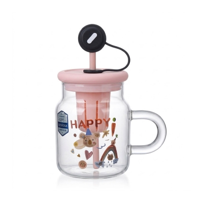 Picture of 1 pcs  Cup with Straw and silicon lid , Cute Printed Design, Food Grade Material, Heat Degree Cup, Separation Tea Filter, Standardization with Handle 950 ml-Multicolor