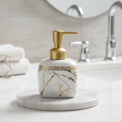 Picture of Luxury white marble ceramic soap dispenser featuring a stunning gold Greek key pattern around the neck and a premium gold pump perfect for enhancing your sophisticated bathroom vanity or modern kitchen decor.-white