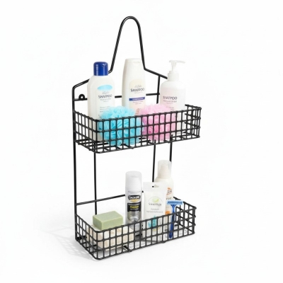 Picture of Modern Black 2-Tier Hanging Shower Caddy Organizer | Rustproof Metal Wire Basket Storage Rack for Bathroom Accessories | No Drilling Shampoo & Soap Holder with Hooks for Loofahs & Razors-Multicolor