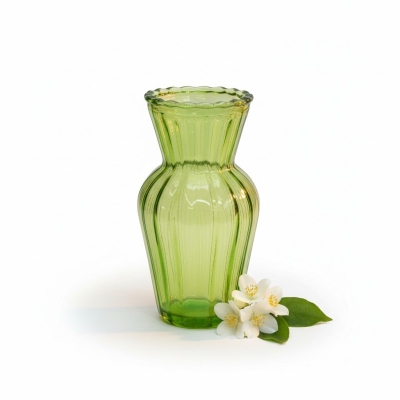 Picture of Elegant Vintage Olive Green Fluted Glass Bud Vase Featuring Scalloped Rim and Vertical Ribbed Texture, Decorative Small Floral Container for Home Decor, Wedding Centerpieces, and Sophisticated Antique Style Handblown Glassware Display.-Multicolor