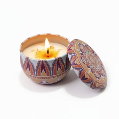 Picture of Premium Lavender Scented Soy Wax Candle in Decorative Mandala Metal Tin Jar with Lid, Long Lasting Aromatherapy for Stress Relief, Relaxation, Home Decor, Meditation, Yoga, and Perfect Gift for Women.-Multicolor