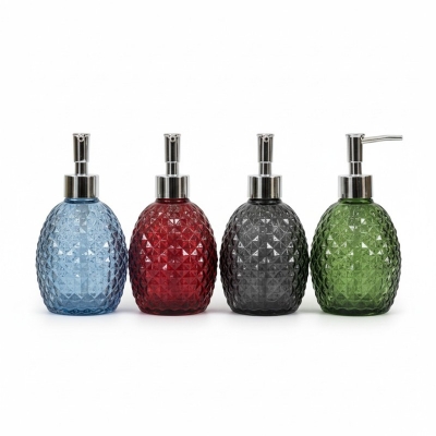 Picture of Elegant glass soap dispenser featuring a distinctive diamond-cut pineapple-textured pattern in multiple colors with a premium pump perfect for enhancing your bathroom vanity decor or modern kitchen sink countertop with style today.-Multicolor