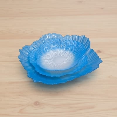 Picture of Premium Sky Blue Floral Shaped Glass Serving Bowl Set of 3 Elegant Decorative Fruit Plates and Dessert Dishes for Modern Home Decor, Festive Dining, Luxury Weddings, and Stylish Table Centerpiece Gift Item.-Multicolor