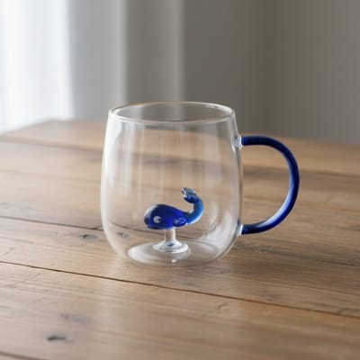 Picture of Premium quality Whale Oceano glass mug featuring a handcrafted 3D blue whale figurine inside, made from durable heat resistant borosilicate glass perfect for enjoying hot coffee, tea, or cold beverages daily.-Multicolor
