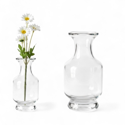 Picture of Elegant Moira clear glass hand-tied flower vase with bulbous body and flared rim, perfect for wedding centerpieces, minimalist home decor, or displaying beautiful fresh floral arrangements and small aesthetic flower bouquets.-Multicolor