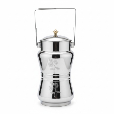 Picture of Premium Mirror Finish Stainless Steel Milk Pot Barni with Aesthetic Floral Laser Print and Elegant Brass Knob Lid, Heavy Duty 202 Stainless Steel Milk Container for Fresh Milk Storage and Transport.-Multicolor
