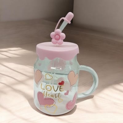 Picture of Borosilicate Glass Jar with Handle & Glass Straw | 400ml Juice Mug | Printed Body | Multi-Color | Juice & Water Drinking Glass with Silicone Cap-Pink