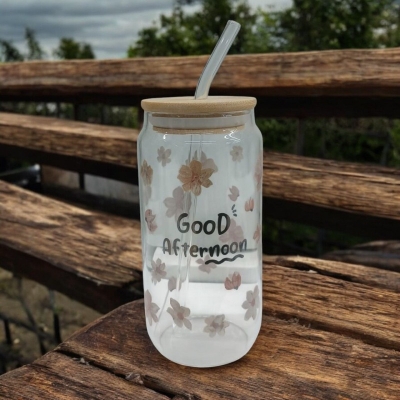 Picture of Can Shaped Drinking Glass with Printed Body – 1Pc 400ml Borosilicate Glass Cup with Bamboo Lid & Glass Straw – Microwave Safe, Scratch Resistant & Lightweight – Perfect for Iced Coffee, Coke, & More-Multicolor