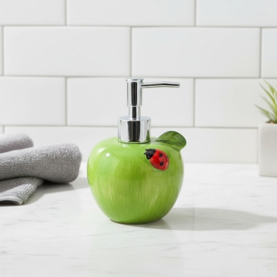 Picture of Premium green apple-shaped ceramic soap dispenser for bathroom vanity decor featuring a durable rust-proof pump and refillable liquid hand soap container designed to add a stylish touch to your modern kitchen sink.-Green