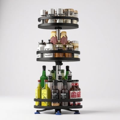 Picture of 3-Tier Rotating Spice Rack Organizer: Height-Adjustable, 360-Degree Revolving Lazy Susan for Kitchen Countertop & Cabinet Storage. Durable Carbon Steel Seasoning Condiment Shelf-Multicolor