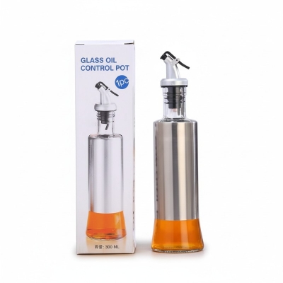 Picture of Premium 300ml Leak-Proof Glass Oil Control Pot and Vinegar Dispenser with Protective Stainless Steel Shell, Food-Grade Dust-Proof Pouring Spout, and Ergonomic Non-Drip Design for Precision Cooking, Healthy Meal Prep, and Kitchen Organization.-Multicolor