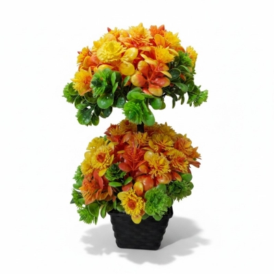 Picture of Vibrant 2-Head Artificial Flower Bonsai Tree in Black Decorative Pot for Home Office Desk and Tabletop Decor-Multicolor