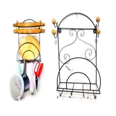 Picture of Wall Mounted Kitchen Organizer Rack | 4-in-1 Roti Belan Piri Stand & Utensil Holder | Durable Iron & Wooden Design | Space Saver-Black