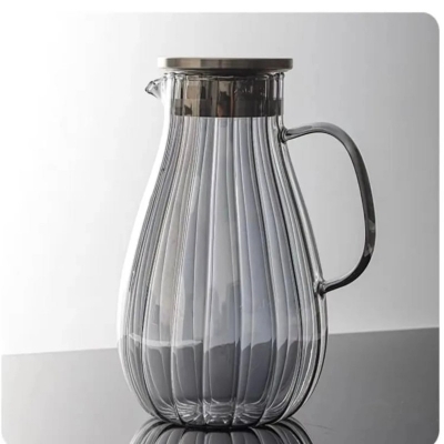 Picture of 1.8L Thick Borosilicate Glass Carafe with Amber Stripes, Secure Lid and Comfortable Handle, For Tea, Milk, Juice, Coffee, DIY Drinks-Black-black