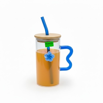 Picture of Premium Clear Square Glass Cup featuring Aesthetic Blue Wavy Handle with Natural Bamboo Lid and Matching Glass Straw, High Borosilicate Heat Resistant Transparent Drinking Mug for Iced Coffee, Juice, and Milk.-Multicolor