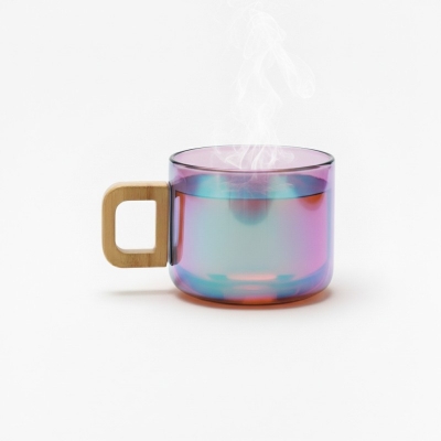 Picture of Premium Iridescent Rainbow Glass Coffee Mug crafted from high-quality borosilicate glass featuring a unique wooden handle and heat-resistant design perfect for enjoying hot tea, espresso, or cold beverages in style.-Multicolor