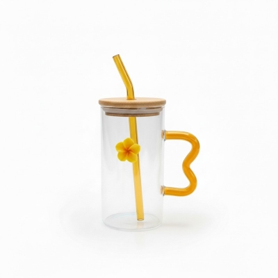 Picture of Premium High Borosilicate Square Pookie Glass Mug featuring a stylish yellow flower charm, durable bamboo lid, matching glass straw, and an ergonomic wavy amber handle for the ultimate aesthetic drinking experience today.-Multicolor