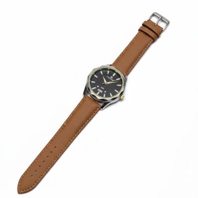 Picture of Men's Analog Wristwatch with Textured Black Dial and Luminous Gold-Tone Markers, Premium Brown Leather Strap, Elegant Silver Alloy Case, Water Resistant Quartz Fashion Timepiece for Sophisticated Casual and Professional Outfits.-Chocolate