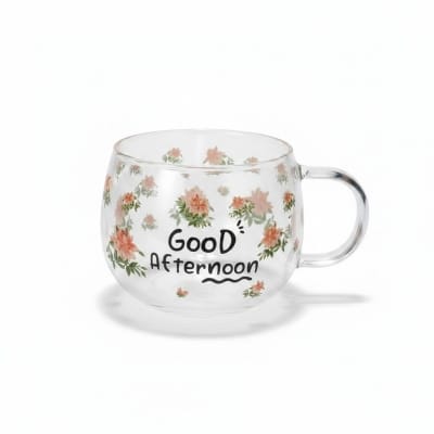 Picture of Elegant Good Afternoon glass mug featuring beautiful floral patterns perfect for enjoying your favorite hot tea or coffee sessions while adding a touch of sophisticated style to your modern kitchen collection.-Multicolor