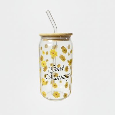 Picture of Good Morning Yellow Daisy Glass Can Cup with Bamboo Lid and Reusable Straw | 16oz 400ml Iced Coffee Mug | Aesthetic Borosilicate Drinking Glass Tumbler | Perfect for Boba Tea, Juice, Beer, Smoothies, and Water-Multicolor