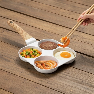 Picture of Multi-functional Non-Stick 4-Slot Egg Pancake Pan with Wooden Handle for Stovetop Cooking Durable Aluminum Divided Breakfast Skillet for Mini Pancakes Burger Patties and Perfect Omelets Ideal for Kitchen RV Dorm Use-Multicolor
