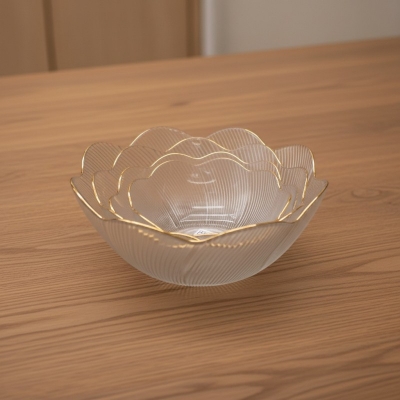 Picture of Premium Lotus Flower Shaped Glass Serving Bowl Set with Elegant Golden Rim; Luxurious Scalloped Textured Clear Glassware for Salad, Fruit, and Dessert Display, Ideal for Wedding Gifts and Modern Home Kitchen Deco-Multicolor