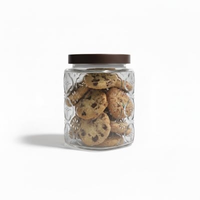 Picture of Premium Airtight Glass Cookie Jar with Decorative Brown Metal Lid for Kitchen Countertop Storage of Fresh Homemade Chocolate Chip Biscuits, Snacks, and Pantry Essentials with Retro Embossed Floral Pattern Style Design.-Multicolor