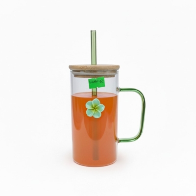 Picture of Borosilicate Square Glass Mug with Green Handle and Bamboo Lid for Iced Coffee Juice Milk Tea and Soda Glass Straw Tumbler with 3D Plumeria Flower Decoration for Stylish Home Gift.-Multicolor