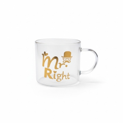 Picture of Elegant Mr. Right Transparent Glass Mug for Coffee and Tea Lovers Featuring Stylish Gold Typography with Mustache and Hat Graphics Perfect Gift for Anniversaries Weddings Birthdays and Special Couple Celebrations.-Multicolor