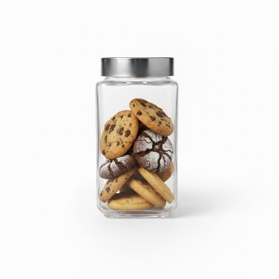 Picture of High-quality square glass storage jar with airtight stainless steel metal lid for kitchen pantry organization of dry food items like snacks pulses spices grains and coffee beans for fresh long-lasting storage.-Multicolor