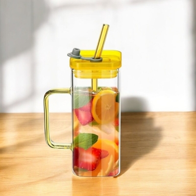 Picture of Borosilicate Glass 400ml Clear Cup with Multicolor Handle, Acrylic Lid, and Straw – Ideal for Coffee, Milk, Juice – Microwave Safe, Scratch Resistant – 1PCS.-yellow