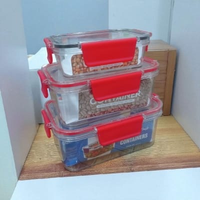 Picture of 3 pcs set 1200ml,800 ml & 300 ml Feel Fresh Rectangular PET Food Container, transparent red color lid-Multicolor