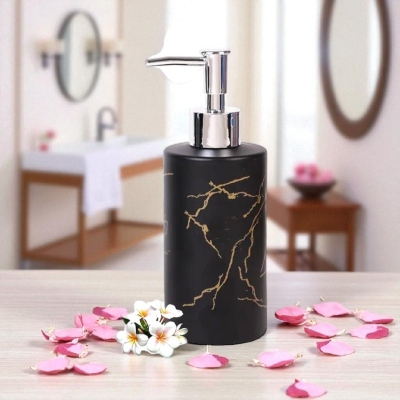 Picture of Glass Soap Dispenser Pump Bottle Press Design Refillable Lotion and Shampoo Container for Bathroom and Kitchen Marble Pattern Hand Soap Dispenser Easy to Fill and Operate 320 ml black-Black