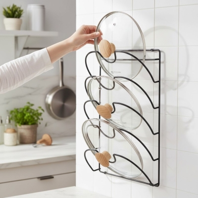 Picture of Metal Wire Wall Mount Kitchen Cabinet Lid Rack and Pot Pan Cover Holder Organizer for Pantry Storage Space-Saving Vertical Lid Hanger for Organized Cookware and Durable Bakeware Storage Solution System-Black