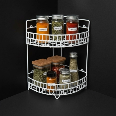 Picture of Durable 2-Tier Metal Corner Shelf for Kitchen & Bathroom-White